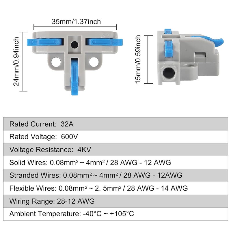 Meimom 30PCSCompact Wire Conductor Connector, T-Shape Lever Nut Wire Connector, Quick Splitter 3 Way Electrical Connectors, AWG 28-12 -Blue - Image 2